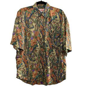 SILK EMPIRE Women Blouse Button Front Short Sleeve Sz M Multicolor Paisley 9-9